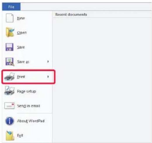 File New Open Save Save as > Print Page setup Send in email About WordPad Exit Recent documents