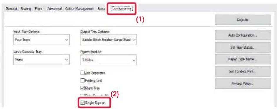 General Sharing Ports Advanced Colour Management Security Configuration Input Tray Options: Four Trays Large Capacity Tray: None Output Tray Options: Saddle Stitch Finisher (Large Stack) Punch Module: 3 Holes Job Separator Folding Unit Right Tray Single Sign-on Auto Configuration... Set Tray Status.…