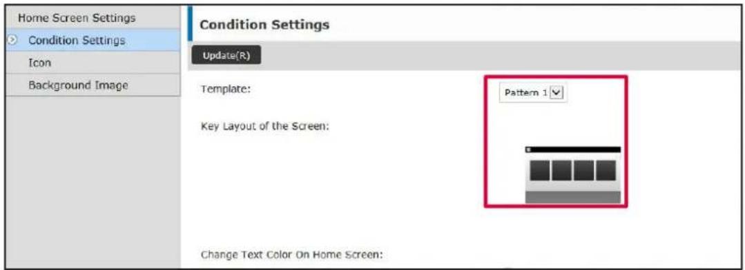 Home Screen Settings Condition Settings Icon Background Image Condition Settings Update(R) Template: Pattern 1 Key Layout of the Screen: Change Text Color On Home Screen:
