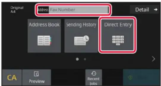 Original A4 Address Fax Number Detail Address Book Sending History Direct Entry CA Preview Recent Jobs