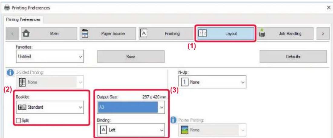 Printing Preferences Main Paper Source Finishing Layout Job Handling Favorites: Untitled Save Defaults (1) 2-Sided Printing: None Booklet: Standard Split Output Size: 257 x 420 mm (A3) Binding: Left N-Up: None Poster Printing: None (2) (3)