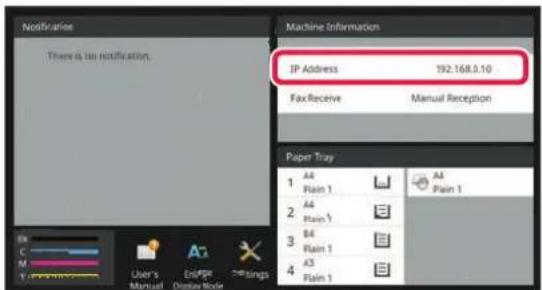 Notification: There is no notification. Machine Information: IP Address 192.168.0.10. Fax Receive Manual Reception. Paper Tray: 1 A4 Plain 1, 2 A4 Plain 1, 3 B4 Plain 1, 4 A3 Plain 1.