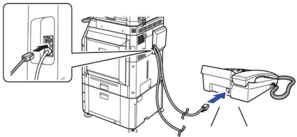 Diagram showing connection between a device with cable and power cord, including zoomed-in detail and directional arrow indicating connection point.