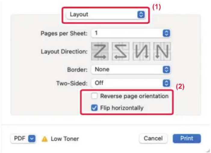 Layout Pages per Sheet: 1 Layout Direction: Border: None Two-Sided: Off Reverse page orientation Flip horizontally PDF Low Toner Cancel Print