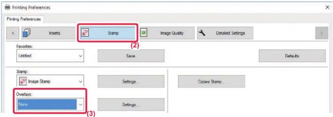 Printing Preferences Printing Preferences Inserts Stamp Image Quality Detailed Settings Favorites: Untitled Save Defaults Stamp: Image Stamp Overlays: None Settings... Copies Stamp... Settings...