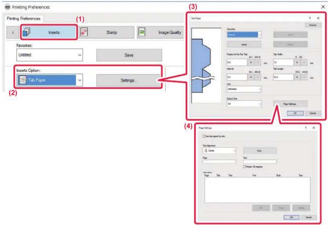Printing Preferences dialog box with Inserts, Stamp, Image Quality tabs. Favorites: Untitled with Save. Inserts Option: Tab Paper with Settings... button. Tab Paper dialog box with Favorites: Untitled, Input, Position of the First Tab: [0.2, 254.0] 6.0 - mm, Tab Width: 9.25 13, Interval: [0.2, 254.0…