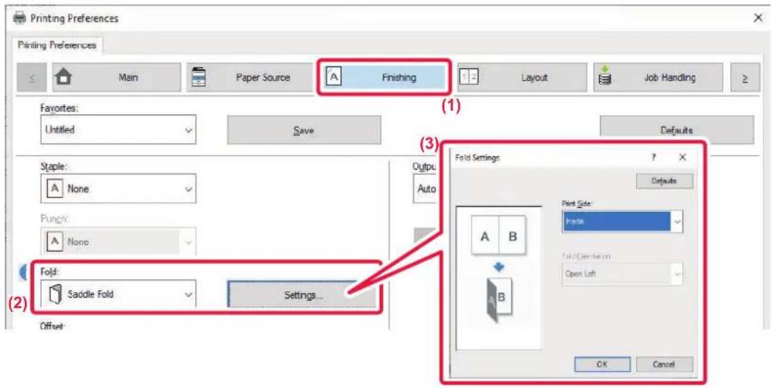 Printing Preferences dialog box with tabs: Main, Paper Source, Finishing, Layout, Job Handling. Favorites: Untitled with Save and Defaults. Staple: None, Punch: None, Fold: Saddle Fold Settings... Offset. Fold Settings dialog box with Defaults, Print Side: Inside, Fold Connection: Open Left. OK and…