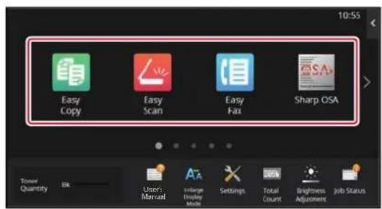10:55 Easy Copy Easy Scan Easy Fax Sharp OSA Toner Quantity OK Users Manual Image Display Mode Settings Total Count Brightness Adjustment Job Status