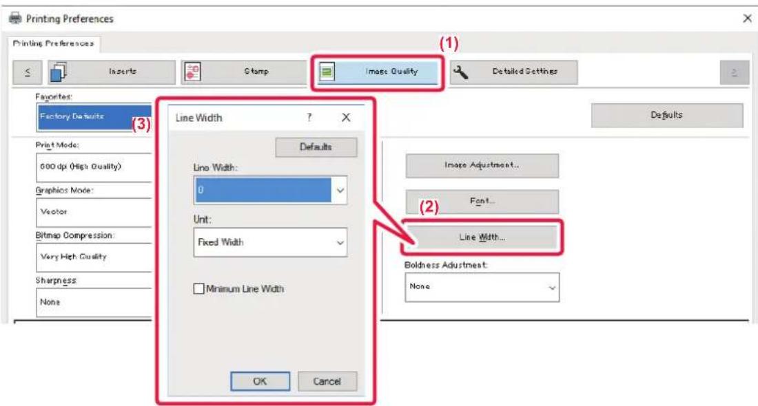 Printing Preferences Printing Preferences Inserts Stamp Image Quality Detailed Settings Favorites: Factory Defaults Line Width ? X Print Mode: 600 dpi (High Quality) Graphics Mode: Vector Bitmap Compression: Very High Quality Sharpness: None Defaults Line Width: 0 Unit: Fixed Width Minimum Line Widt…