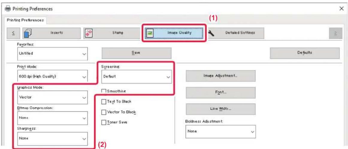 Printing Preferences Printing Preferences Inserts Stamp Image Quality Detailed Settings Favorites: Untitled Save Defaults Print Mode: 600 dpi (High Quality) Screening: Default Images Adjustment... Graphics Mode: Vector Smoothing Text To Black Bitmap Compression: None Vector To Black Toner Save Line…
