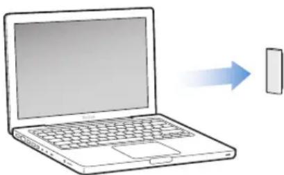 Illustration of a laptop with a blue arrow pointing to a rectangular device (no text or symbols present).