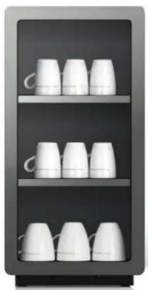 Exterior view of a modern refrigerator with white teapots on shelves (no text or symbols visible)