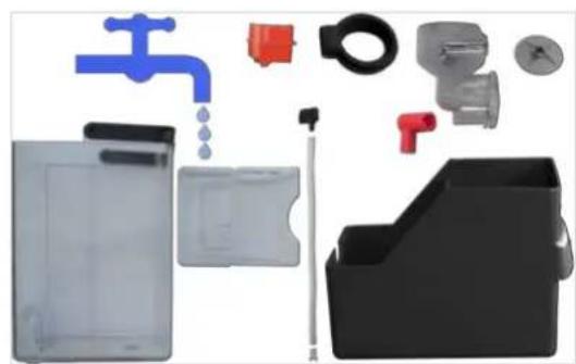 Collection of cleaning and installation components including a faucet, pipe fittings, and a plastic container (no text or symbols visible).