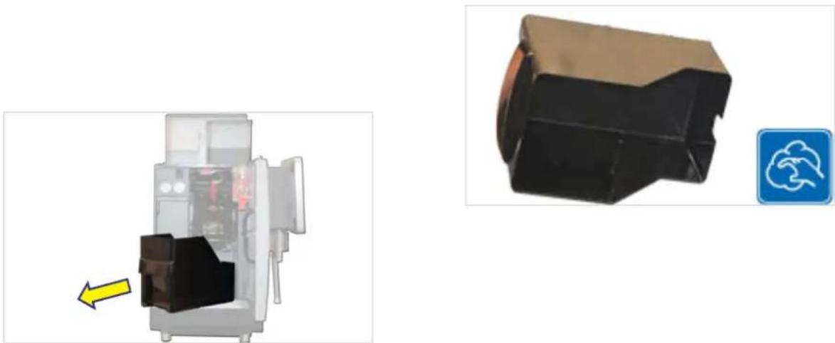 Two technical diagrams showing a device interior with a highlighted component and a separate 3D model of a black mechanical part.