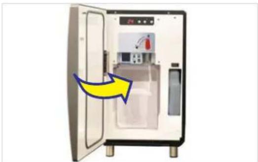 Illustration of an open refrigerator with a yellow arrow pointing to the door, no text or symbols visible.