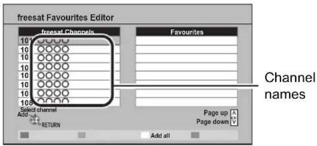 freesat Favourites Editor freesat Channels Favourites 101 10 10 10 10 10 10 Select channel Add RETURN Page up A 20 Page down Add all