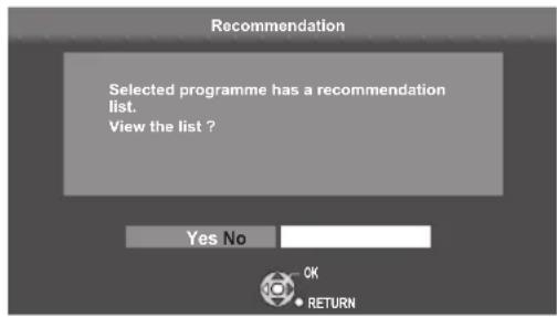 Recommendation Selected programme has a recommendation list. View the list ? Yes No OK RETURN