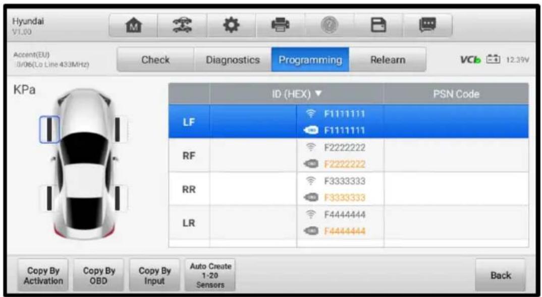 Hyundai V1.00 Accent(EU) ID/Ob(Lo Line 433MHz) Check Diagnostics Programming Relearn VCI 12.39V KPa ID (HEX) ▼ PSN Code LF F1111111 F1111111 RF F2222222 F2222222 RR F3333333 F3333333 LR F4444444 F4444444 Copy By Activation Copy By OBD Copy By Input Auto Create 1-20 Sensors Back