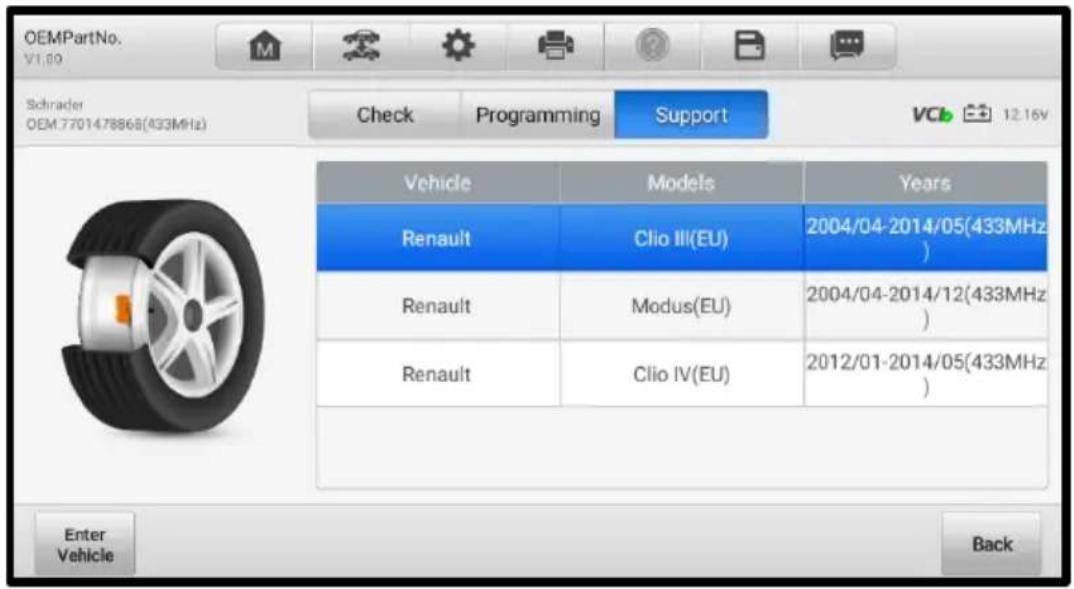 OEMPartNo. V1:09 Schrader OEM.7701478868(433MHz) Check Programming Support Vehicle Models Years Renault Clio III(EU) 2004/04-2014/05(433MHz) Renault Modus(EU) 2004/04-2014/12(433MHz) Renault Clio IV(EU) 2012/01-2014/05(433MHz) Enter Vehicle Back