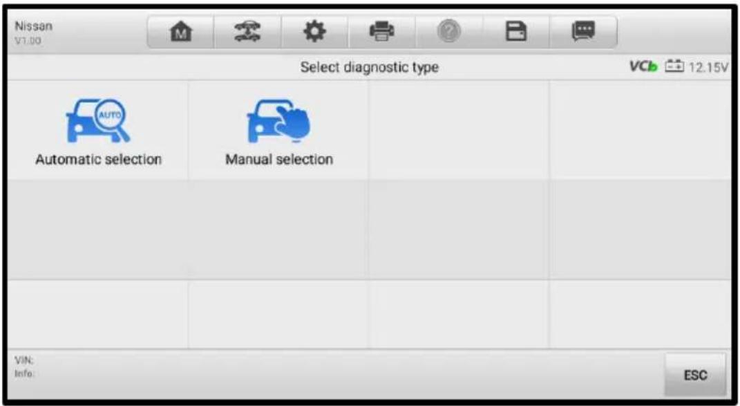 Nissan V1.00 Select diagnostic type VC 12.15V Automatic selection Manual selection VIN: Info: ESC