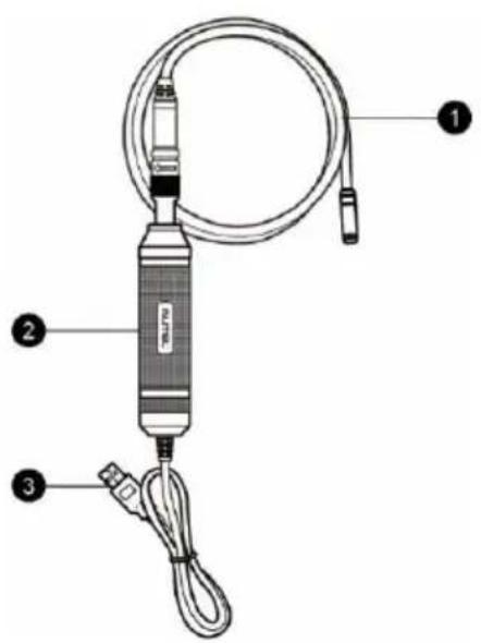 Diagram of a handheld device with labeled parts, showing cable, connector, and terminal connections.