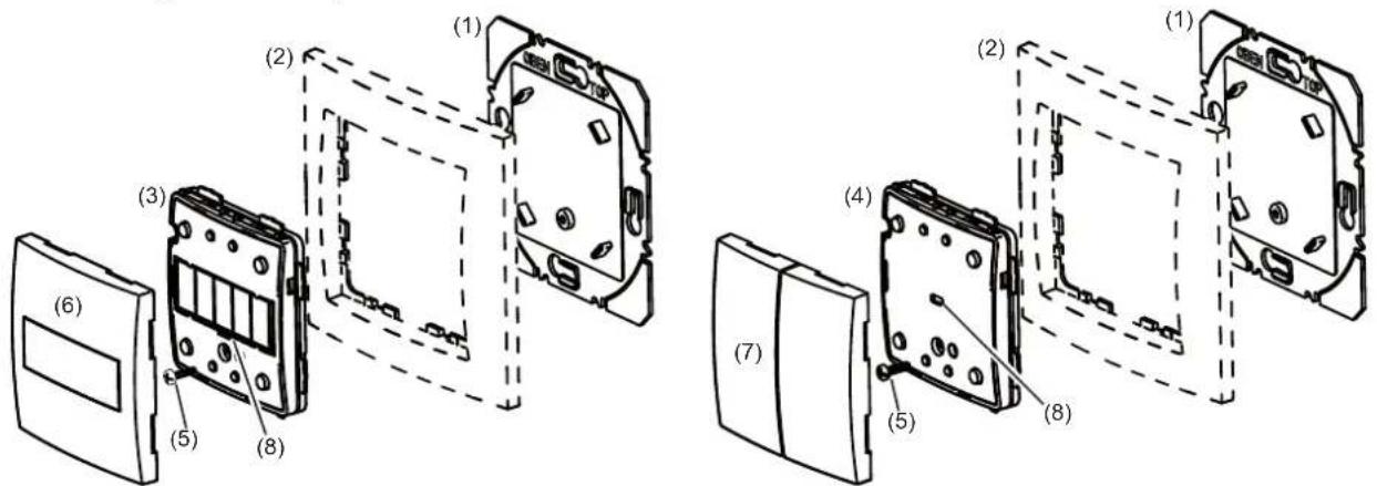 Technical diagram showing exploded view of a device's internal components with numbered parts labeled (1) through (8)