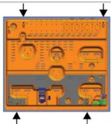 Top-down view of an electronic device casing with orange components and control buttons (no visible text or symbols).