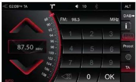 02:08PM TA 87.50 MHz FM: 98.5 MHz 1 2 3 4 5 6 7 8 9 0 OK AUTO ALT DAB+ i Preset TA