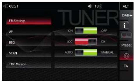 08:51 10 ALT FM Settings AF ON OFF REG LOC DX SCAN AUTO MANUAL TMC Version i i Preset TA