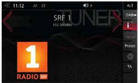 11:12 AF ST 6 SRF 1 102.00 MHz TUNER 1 RADIO SRF ALT DAB+ i Preset TA