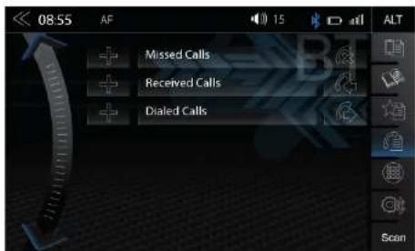 08:55 AF Missed Calls Received Calls Dialed Calls ALT Scan