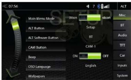 07:56 Main Menu Mode ALT Button ALT Software Button CAM Button Beep OSD Language Wallpapers 3Icon Setup BT CAM-1 ON English OFF Misc BT Audio TFT Car Inputs System
