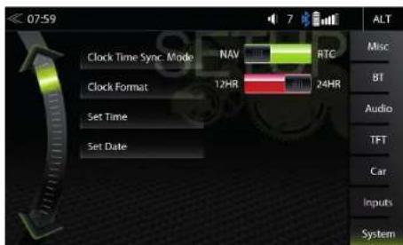 07:59 Clock Time Sync. Mode Clock Format Set Time Set Date NAV 12HR RTC 24HR ALT Misc BT Audio TFT Car Inputs System