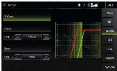07:58 X Over Front HPF 125Hz Rear HPF 50Hz ALT Misc BT Audio TFT Car Inputs System