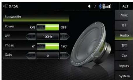 07:58 Subwoofer Power ON OFF LFF 100Hz Phase 0° 180° Gain 0 ALT Misc BT Audio TFT Car Inputs System