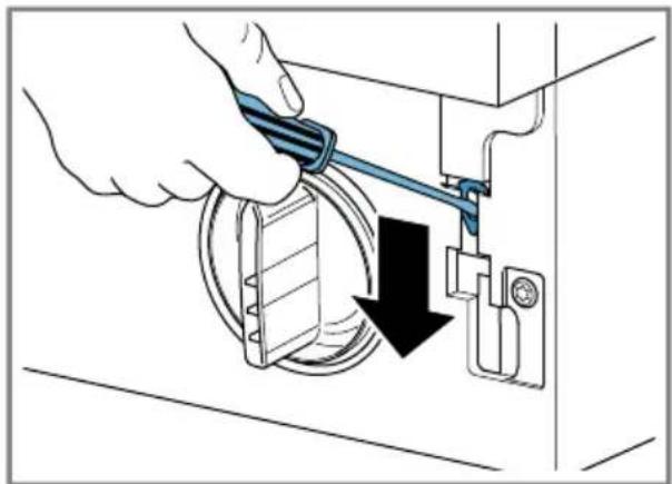 Illustration of a hand using a tool to adjust or install a mechanical component, with a black arrow indicating downward motion (no text or symbols present)
