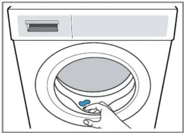 Illustration of a hand placing a blue leaf on the front wheel of a washing machine (no text or symbols)