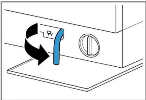 Diagram of a washing machine side panel with a blue pipe and circular valve, showing airflow direction (no text or symbols).