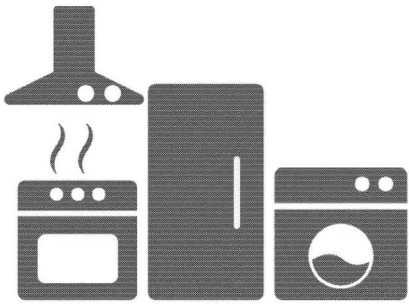 Dessin au trait simple d'un appareil de cuisine avec four, réfrigérateur et machine à laver (sans texte ni symboles)