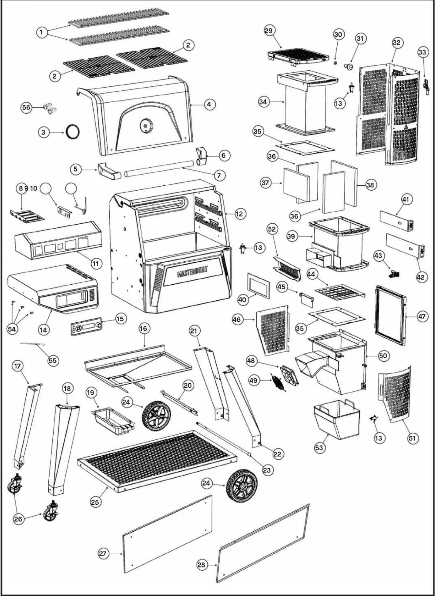Exploded view diagram of a masterboard air conditioner unit with numbered parts for identification