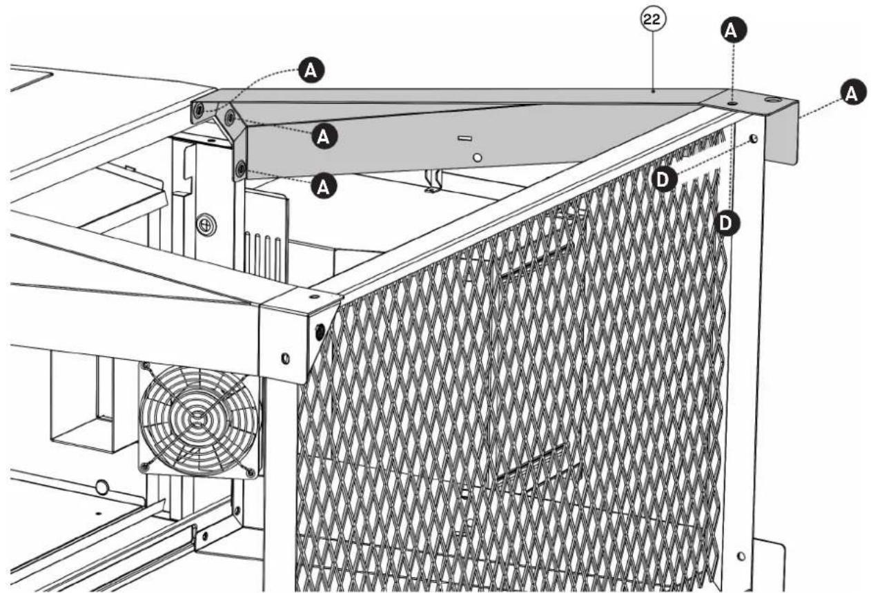 Technical diagram of a mechanical or electrical component with labeled parts A, D, and numbered annotations 22 and 23.