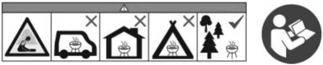 Warning sign with pictograms and a person reading, likely from a safety or workplace hazard.