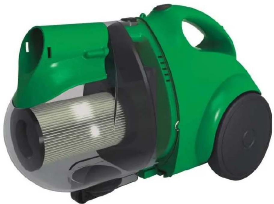 Green and black electric vacuum cleaner with internal air filter structure (no text or symbols visible)