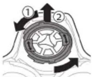 Diagram of a mechanical or electrical component with numbered parts and directional arrows indicating motion or flow.