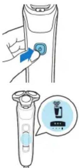 Diagram showing a hand holding a button next to an electric shaver and a close-up view of the device's internal components.
