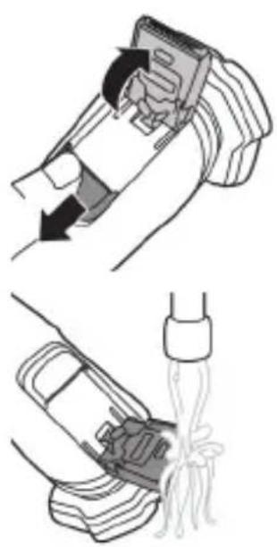 Two-step diagram showing a hand holding a device with directional arrows, and a close-up of the device's internal components (no text or symbols).