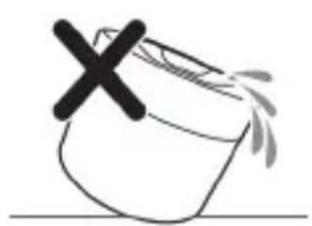 Simple line drawing of a container with a black 'X' mark and splashing lines.