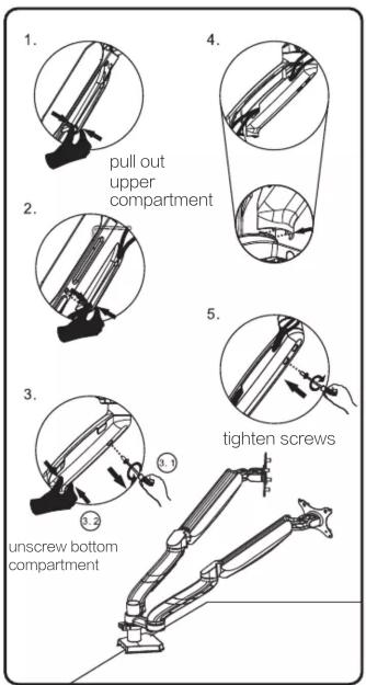 1. pull out upper compartment 2. tighten screws 3. unscrew bottom compartment