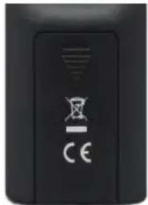 Close-up of a black electronic device's control panel with CE and X symbols and a lightning bolt icon