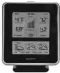 Digital weather monitor displaying weather data including temperature, humidity, and cloud icons